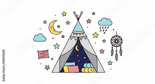 Cozy tent with starry night sky, moon, clouds, and dreamcatcher
