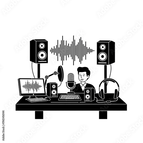 Podcast Recording Studio Setup with Audio Waves and Person at Desk.