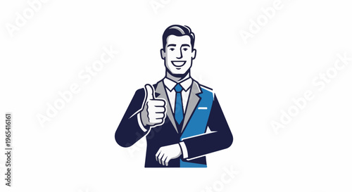 Cheerful businessman in a suit gives a thumbs-up gesture of approval