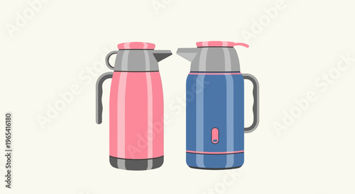 Two colorful thermoses on a clean white background