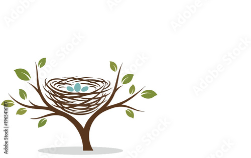 A stylized tree branch holds a nest with three blue eggs