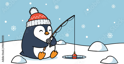 Cute penguin wearing a hat, fishing in the icy water under snowflakes