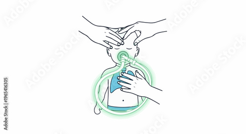 Child with breathing assistance, assisted by hands