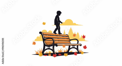 Child walks on park bench amidst falling leaves and autumn trees