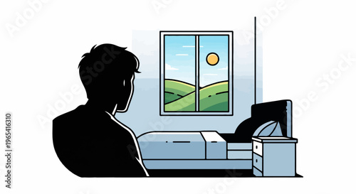 Man in silhouette gazes out bedroom window at sunlit green hills