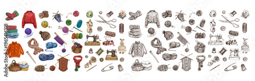 Hand drawn vintage sketch set of knitting sewing tools yarn clothes textile collection colored and monochrome illustration bundle