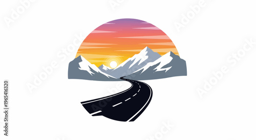 A winding road leads through snow-capped mountains towards a colorful sunset