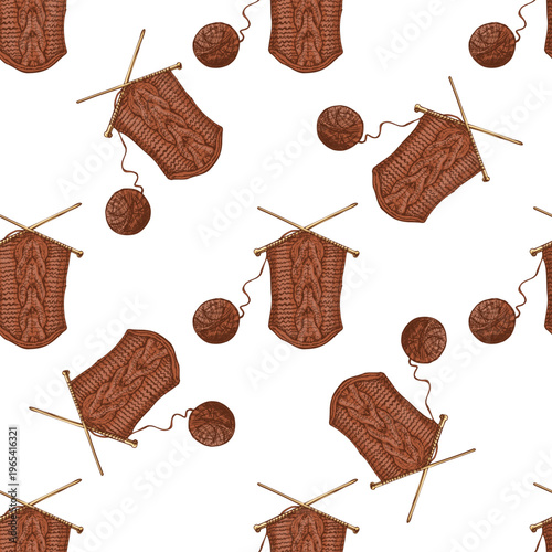 Hand drawn vintage seamless pattern of knitting needles with yarn ball and knitted fabric with leaf ornament repeat background design