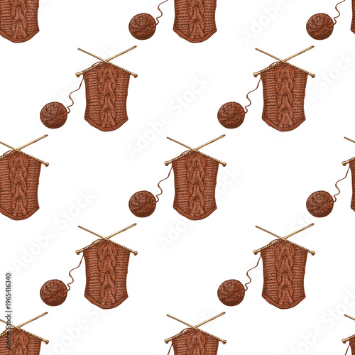 Hand drawn vintage seamless pattern of knitting needles with yarn ball and knitted fabric with leaf ornament repeat background design