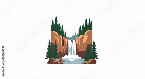 Majestic waterfall cascades through rugged cliffs surrounded by evergreen trees