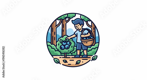 Child picks blueberries in a forest scene, collecting them in a basket