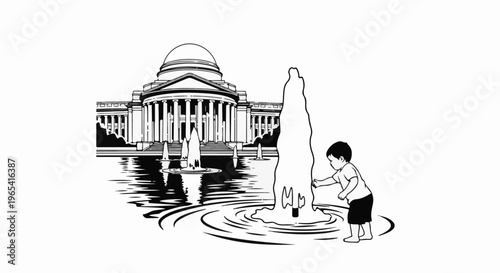 Child plays at large building fountain with water splashes