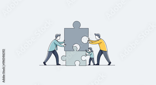 Team members collaborate to fit puzzle pieces together to complete a project