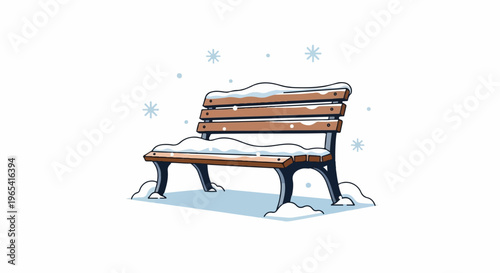 A wooden park bench covered in snow with falling snowflakes