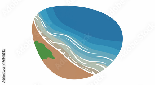 Aerial view of ocean waves crashing on a sandy beach with green land