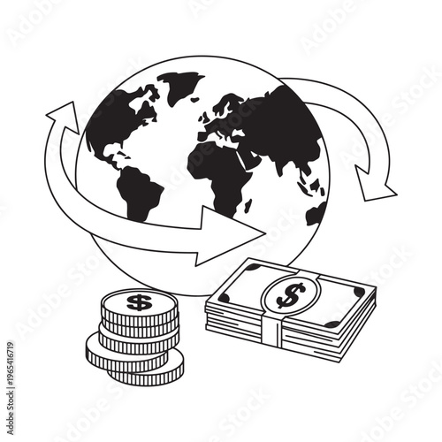 Global finance illustration showing money circulation around the earth
