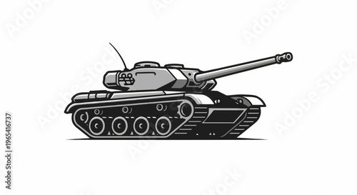 A stylized illustration of a powerful military tank with a long barrel