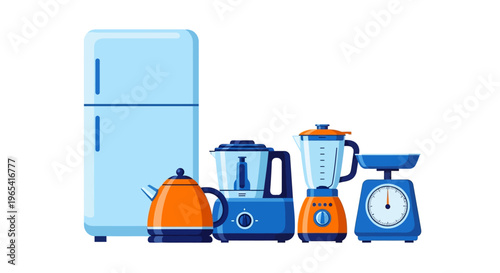 Flat lay illustration of kitchen appliances including a refrigerator, kettle, blender, food processor, and scale on a white background.