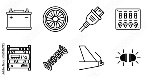 Assorted electrical components: battery, fan, plug, switchboard, rack, cable, wing, and light bulb