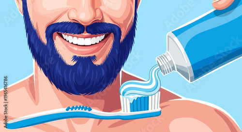 Illustration of a smiling man with a beard applying toothpaste to a toothbrush