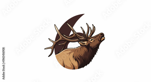 Majestic elk with large antlers against a dark crescent shape