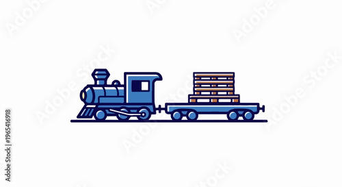 Blue locomotive pulling flatbed car with stacked wooden pallets