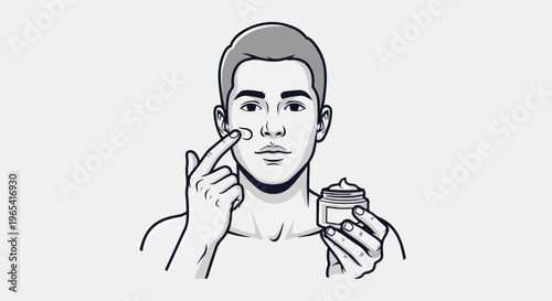 Man applying face cream with a finger, holding a jar