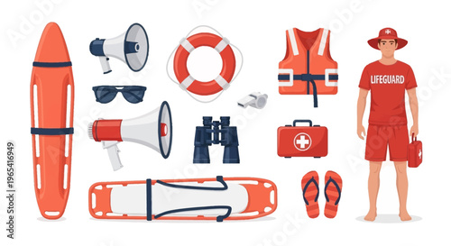 Flat lay of lifeguard equipment and accessories on a white background