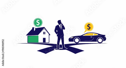 Businessman contemplating between a house and a car with money symbols