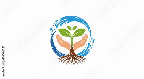 Caring hands nurture a green sprout with roots surrounded by water splashes