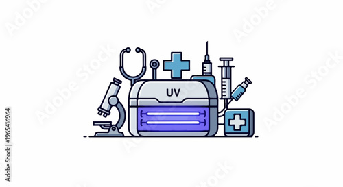 Medical equipment including UV sterilizer, microscope, stethoscope, syringes, and crosses