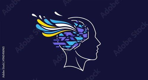 Abstract profile of a head with fragmented, colorful thoughts emerging