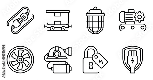 Collection of industrial and electrical safety items including lock, battery, motor, and safety shield
