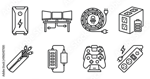 Computer power and cable management icons set including ups tower monitor setup and charging dock