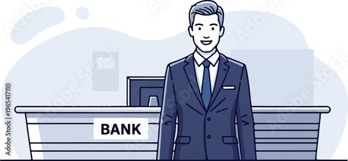 Cheerful suited man standing at a bank counter with a computer