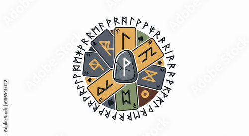 Circular layout of colorful cards with ancient symbols and a central rune stone