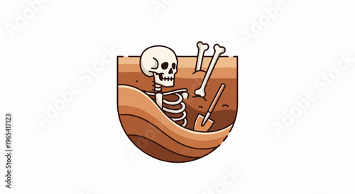Cartoon skeleton being excavated with a shovel in layered soil