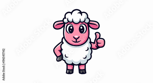 Cartoon pink sheep with fluffy wool and a thumbs-up gesture