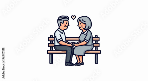 An elderly couple sits on a bench, holding hands, with a heart above them