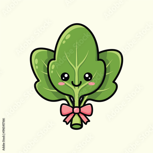 A smiling, friendly cartoon illustration depicts a green leafy vegetable with a pink bow, cute eyes, and rosy cheeks. The background is cream