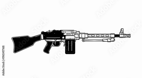 Black and white illustration of a vintage machine gun