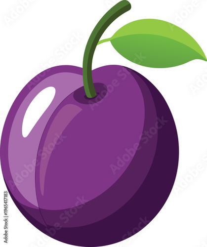"Fresh Whole Ripe Purple Plum Fruit with Green Leaf and Stem — Luxurious Deep Jewel Tone Illustration for Food, Gourmet Health and Premium Packaging Design"