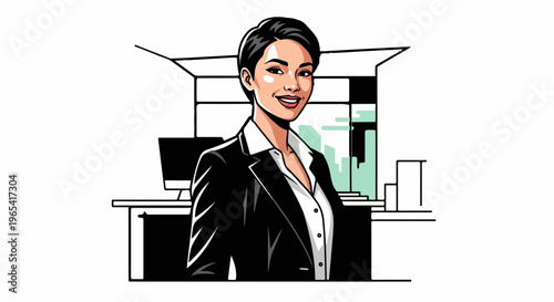 Confident woman in business suit smiling, working in modern office
