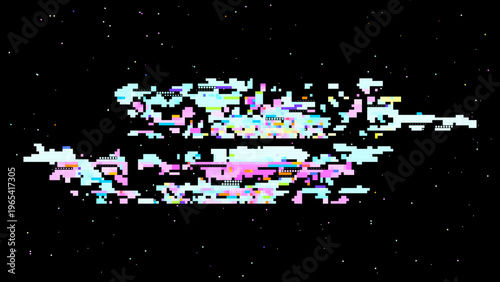 Pixelated glitch vector with red pink tones, digitalism concept in signal noise aesthetics for tech and gaming use. Dark background with subtle noise enhances contrast. Ideal for tech branding, UI,...