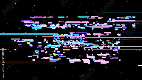 Futuristic glitch vector showing digital transformation, signal noise mood and red pink highlights for modern tech design. Dark background with subtle noise enhances contrast. Ideal for tech brandi...