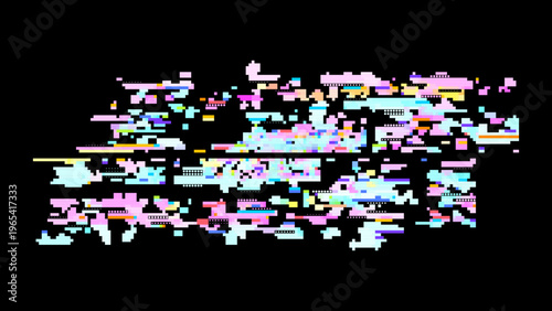 Pixelated glitch vector with red pink tones, digitalism concept in signal noise aesthetics for tech and gaming use. Dark background with subtle noise enhances contrast. Ideal for tech branding, UI,...