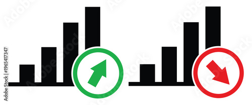 Financial Bar Charts with Upward Green and Downward Red Arrows Representing Stock Market Growth Profit Success and Economic Loss Risks Analysis.