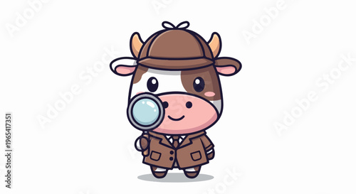 Cartoon cow dressed as a detective holding a magnifying glass