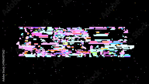 Pixelated glitch vector with red pink tones, digitalism concept in signal noise aesthetics for tech and gaming use. Dark background with subtle noise enhances contrast. Ideal for tech branding, UI,...