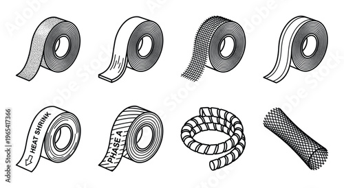 Collection of electrical tapes and protective sleeves on transparent background